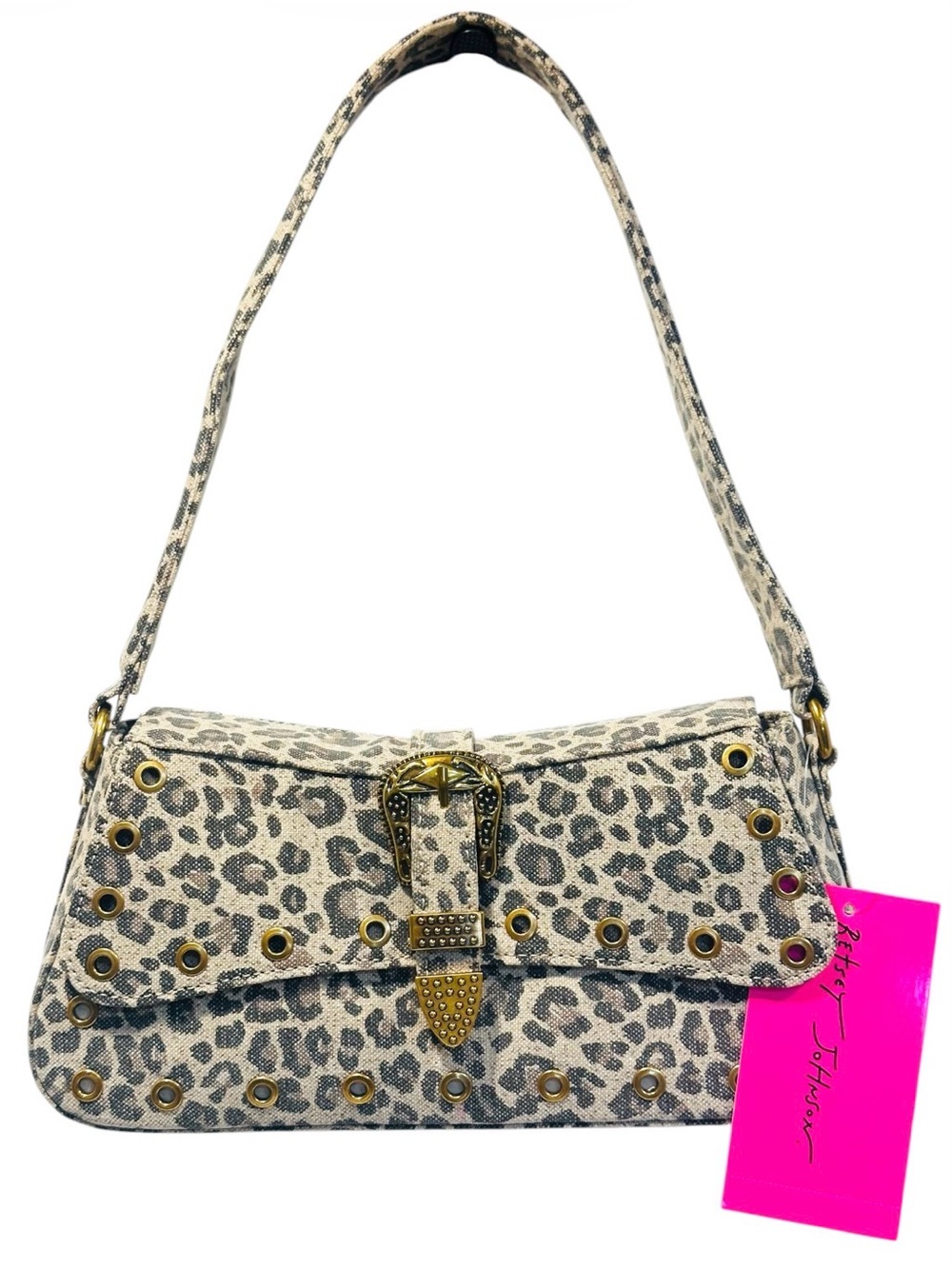 Betsey Johnson Leopard Print Shoulder Bag with Gold Stud Detail - Beige/Black
